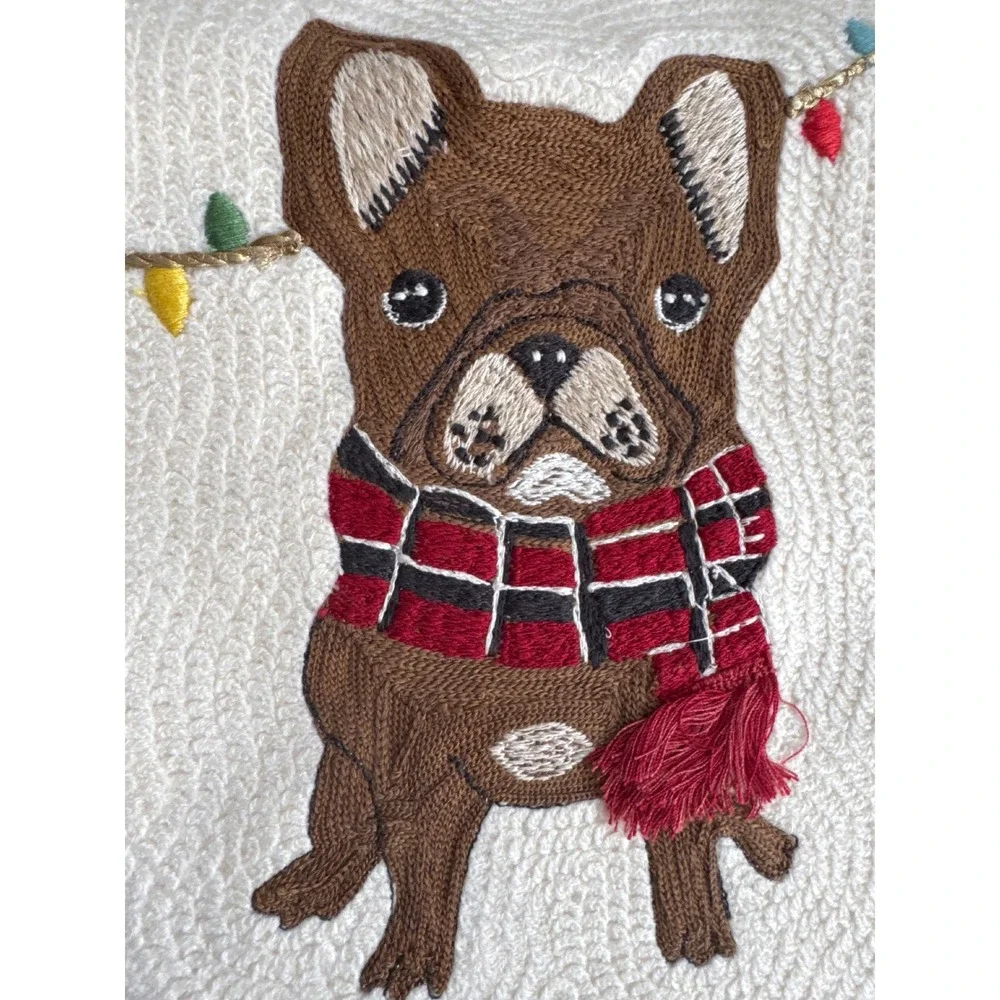 Pottery Barn French Bulldog Crewel Christmas Stocking Burgundy Velvet Cuff